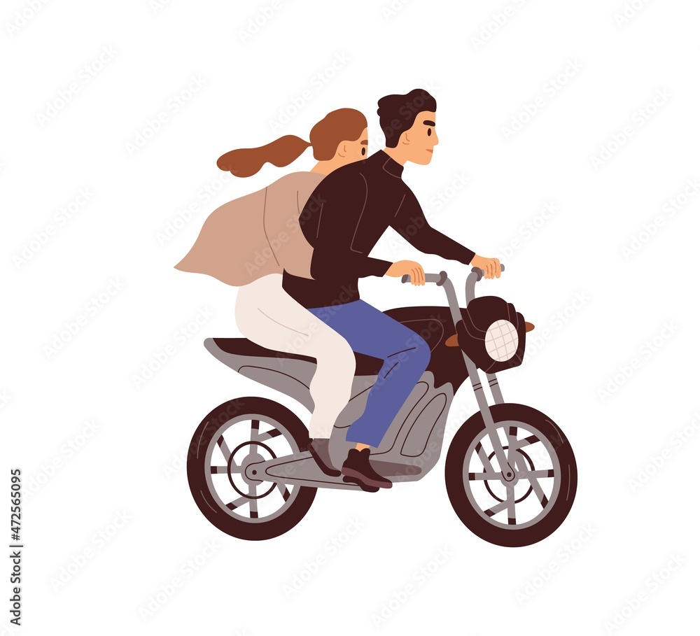 Love couple riding motorcycle. Man and woman travel by motorbike together. Biker and female rushing on bike, driving fast, side view. Flat vector illustration isolated on white background Love couple riding motorcycle. Man and woman travel by motorbike together. Biker and female rushing on bike, driving fast, side view. Flat vector illustration isolated on white background