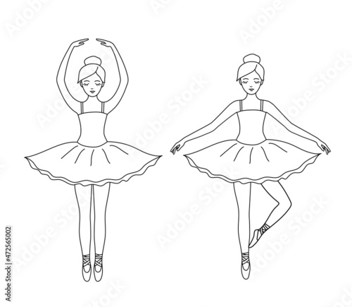 Coloring book or page for kids with ballerina. Outline black and white vector illustration. Cute dancing girl isolated on white background