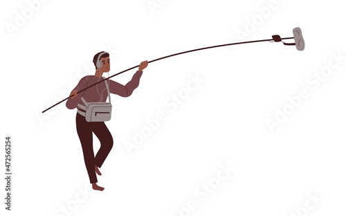 Boom operator with microphone on pole. Recordist, audio assistant at movie production. Professional holding mic and recording sound for cinema. Flat vector illustration isolated on white background