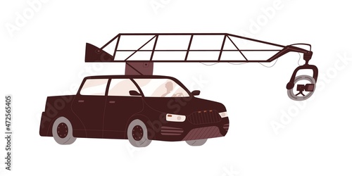 Car with camera attached to arm of crane-fly system. Auto with video recording equipment. Movie shooting on vehicle. Filmmaking technology. Flat vector illustration isolated on white background