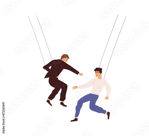Actors suspended in air playing fight scene. Stunt men hanging on ropes performing tricks. Backstage of stuntmen during movie production. Flat vector illustration isolated on white background