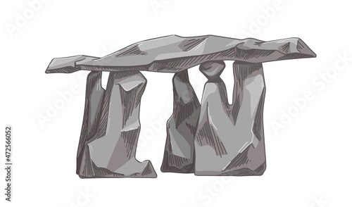 Big rocks construction, ancient dolmen from heavy stone blocks. Large rubbles slabs. Prehistoric megalith. Realistic hand-drawn graphic vector illustration isolated on white background