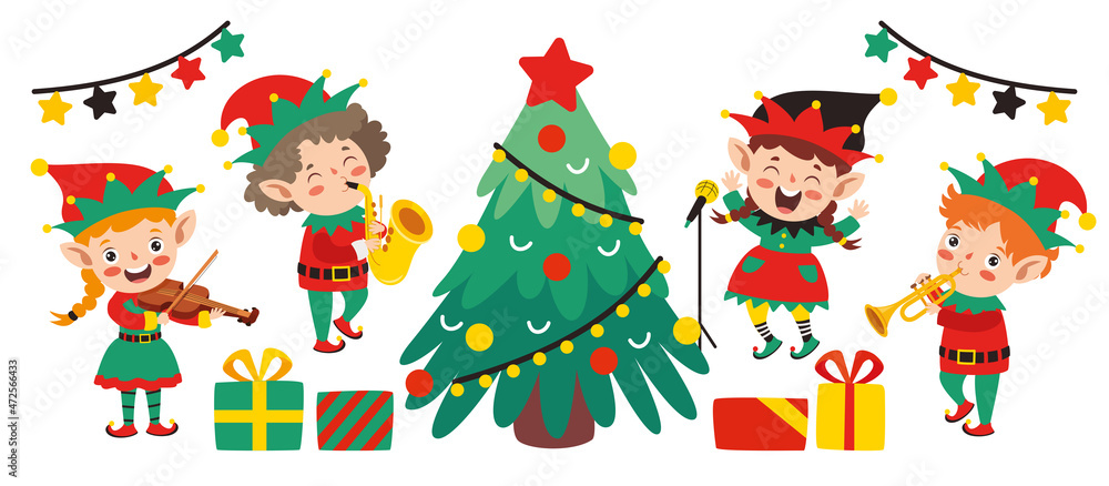 Group Of Cartoon Elfs Celebrating Christmas Group Of Cartoon Elfs Celebrating Christmas
