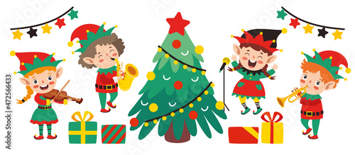 Group Of Cartoon Elfs Celebrating Christmas