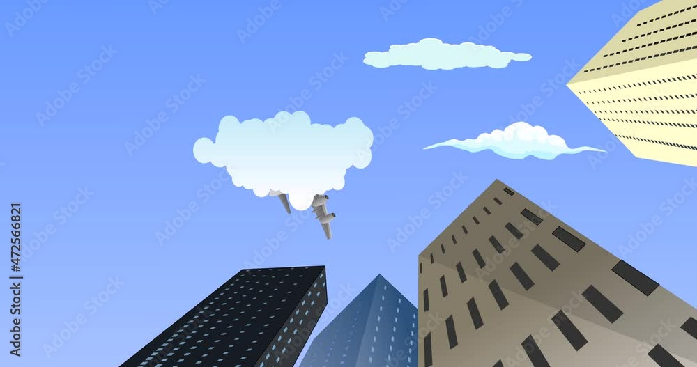 Jet plane flying above the urban buildings, view from below, 2d ...