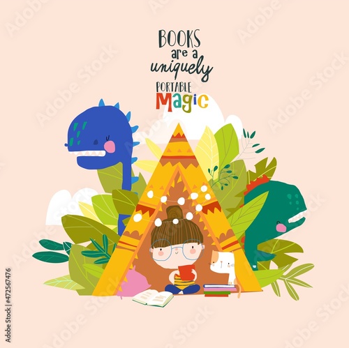 Cute Cartoon Girl reading Book in a Teepee Tent