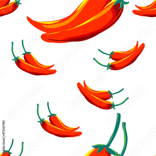 Freehand draw of Chili pepper seamless pattern, hot and spicy ingredient for more tasty food. Vector illustration with layers.