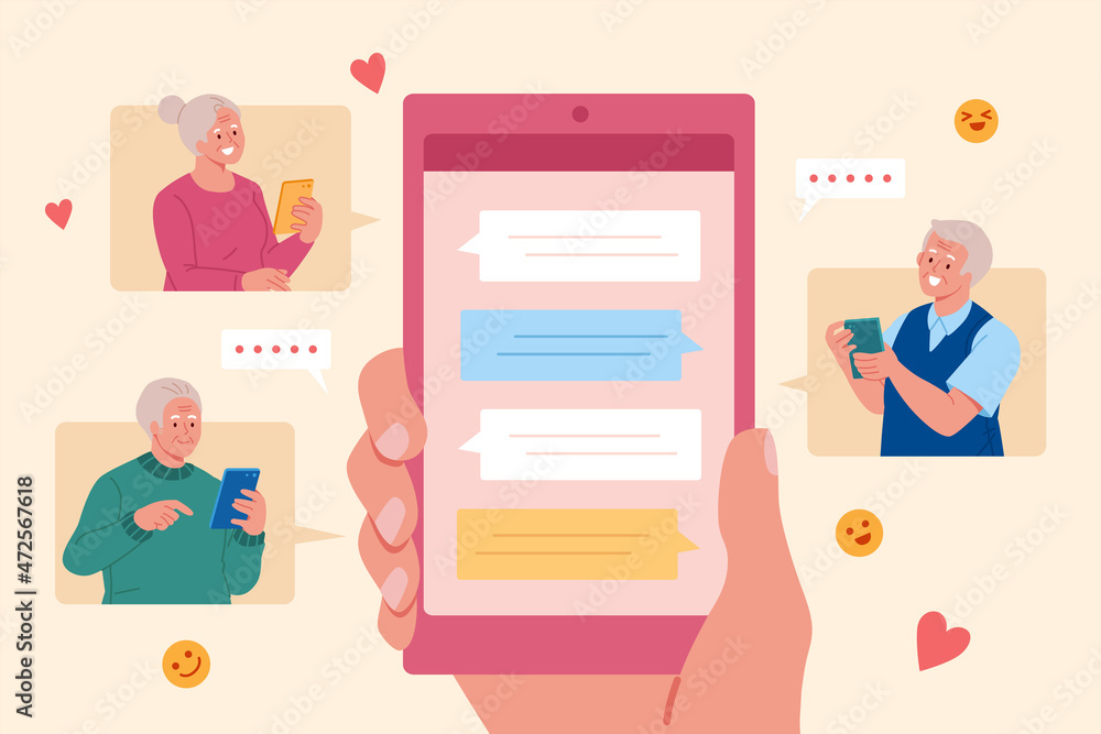 Elders texting with mobile in group Elders texting with mobile in group
