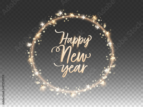 Happy New Year Calligraphy With Circular Frame Made By Golden String, Star Lights And Bokeh Effect On Black Png Background.