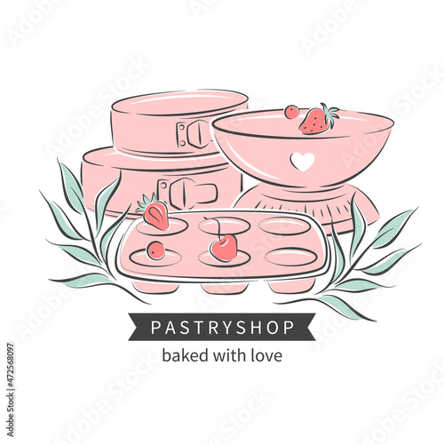 Wallpaper Mural Set of baking and cooking elements, baking dish for muffins and cake, kitchen scales  and berries .Bakery element or pastry shop.Vector Illustration for logo, menu, recipe design or icon. Torontodigital.ca