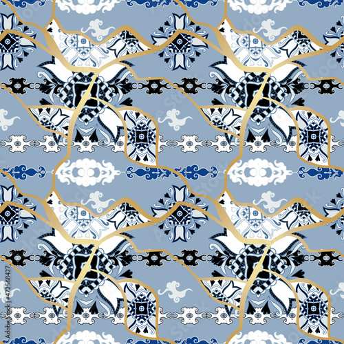Asian porcelain seamless pattern in traditional japanese style with ethnic ornaments.  Patchwork or kintsugi vibes.