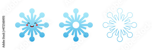 Set, collection of cute cartoon style blue snowflake character with snowflakes icons, symbols for nature and winter holidays design.