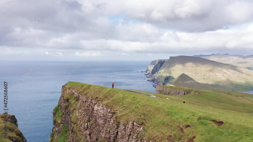 Aerial back view of huge cliffs in faroe islands, green rocky mountain,powerful ocean waves,in a cloudy summer day,green meadow and rock in wild nature,wild no house. Aerial back view of huge cliffs in faroe islands, green rocky mountain,powerful ocean waves,in a cloudy summer day,green meadow and rock in wild nature,wild no house.