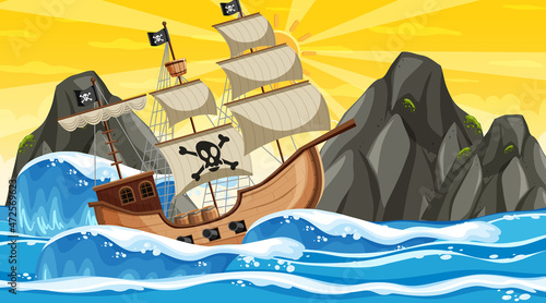 Ocean with Pirate ship at sunset time scene in cartoon style