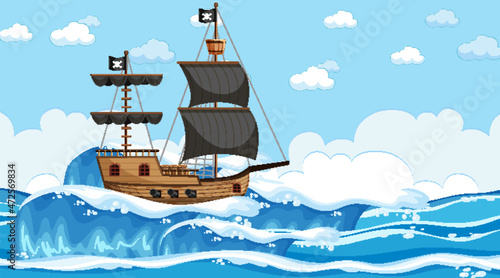 Ocean with Pirate ship at day time scene in cartoon style