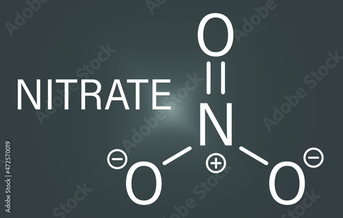 Nitrate anion, chemical structure. Skeletal formula.	