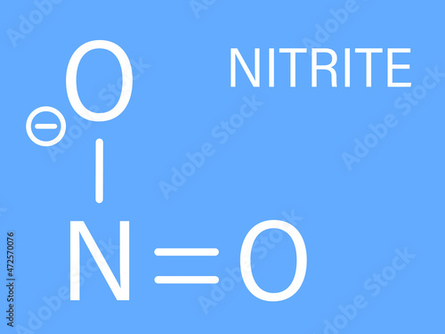 Nitrite anion, chemical structure. Nitrite salts are used in the curing of meat. Skeletal formula.
