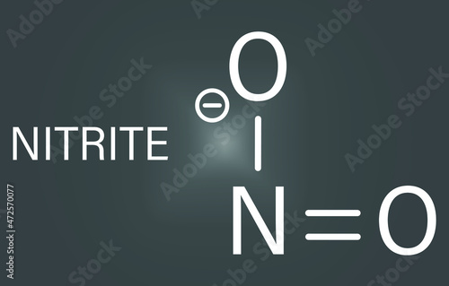 Nitrite anion, chemical structure. Nitrite salts are used in the curing of meat. Skeletal formula.