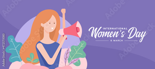 international women's day - woman holding a megaphone and raising her hand and leafs on purple background, cute character flat style vector design