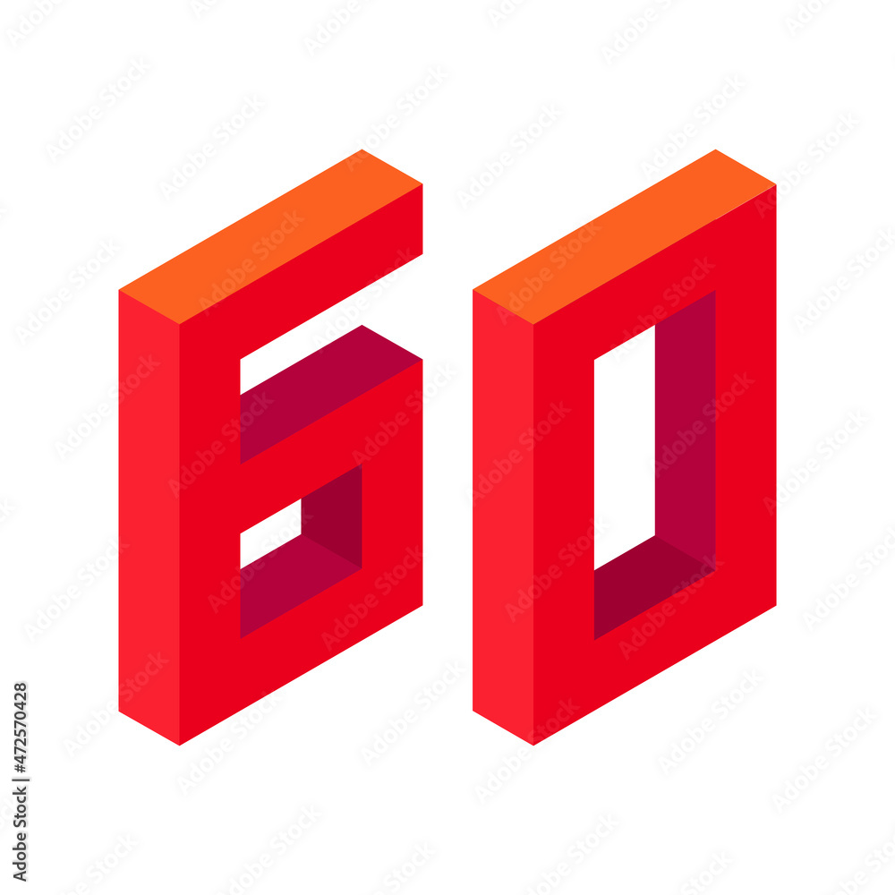 Red number 60 in isometric style. Isolated on white background. Learning numbers, serial number, price, place. Red number 60 in isometric style. Isolated on white background. Learning numbers, serial number, price, place.