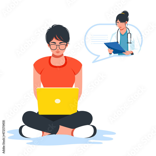 A woman receives an online doctor`s consultation at home. Doctor recommends medications via video link. Live chat.Patient meets with an online doctor via the laptop application. Vector illustration