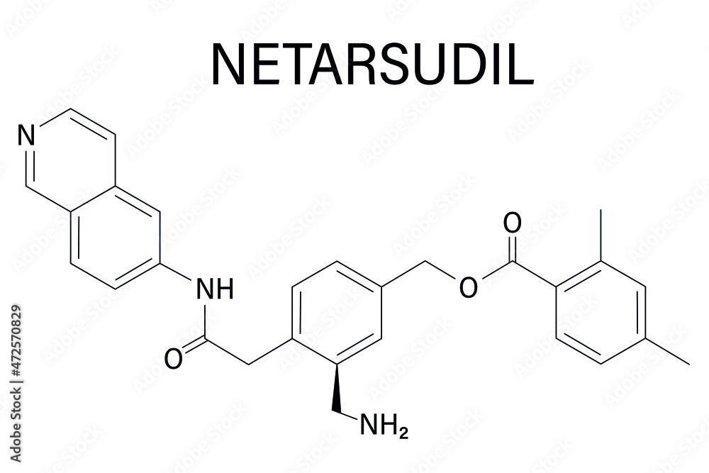 Netarsudil drug molecule. Used in treatment of ocular hypertension and glaucoma. Skeletal formula. Netarsudil drug molecule. Used in treatment of ocular hypertension and glaucoma. Skeletal formula.