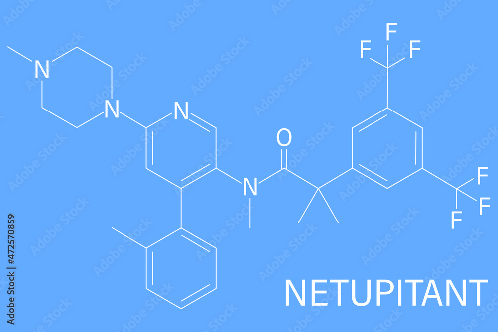 Netupitant drug molecule. NK1 receptor antagonist, used in combination for the prevention of nausea and vomiting induced by chemotherapy. Skeletal formula.