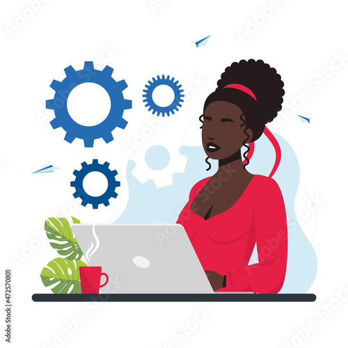vector illustration of girl online assistant at work. promotion in the network. manager at a remote job.a  business mechanism, abstract background with gears, business promotion, strategy analysis