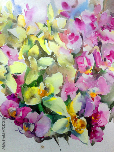 Abstract bright colored decorative background . Floral pattern handmade . Beautiful tender romantic bouquet of spring flowers , made in the technique of watercolors from nature. photo