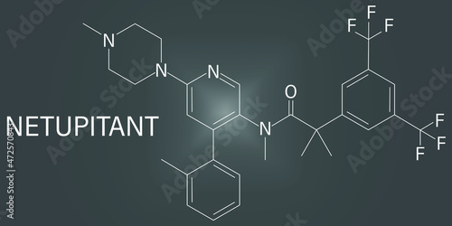 Netupitant drug molecule. NK1 receptor antagonist, used in combination for the prevention of nausea and vomiting induced by chemotherapy. Skeletal formula.