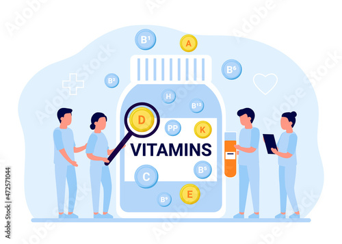 Doctors with jar of nutritional vitamins, health care useful dietary supplement. Drug development. Different types of food additives. Vector illustration