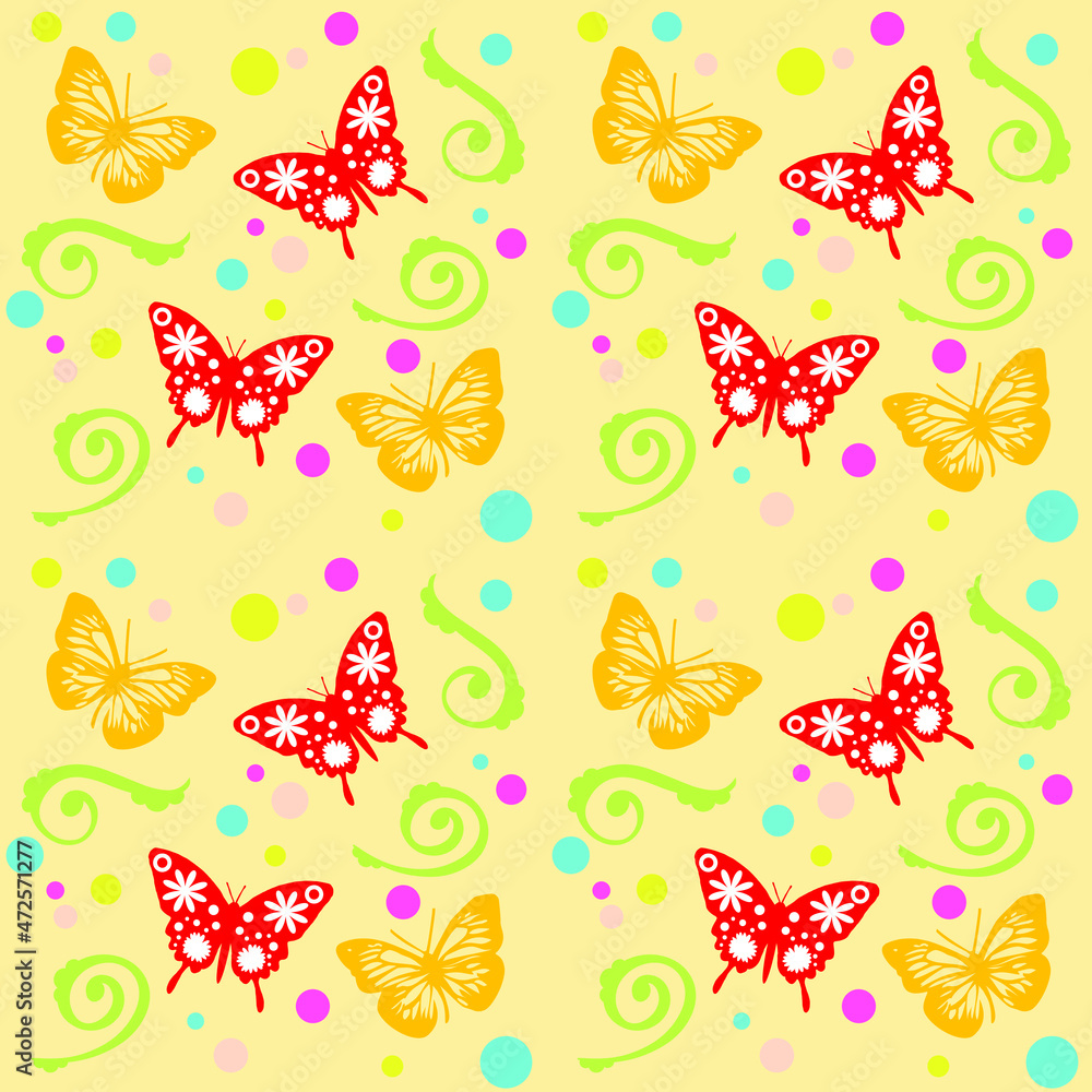 Vector butterflies in bright colors. Seamless pattern background. Repeated pattern for fashion design, fabric design and wrapping paper background. Vector art.