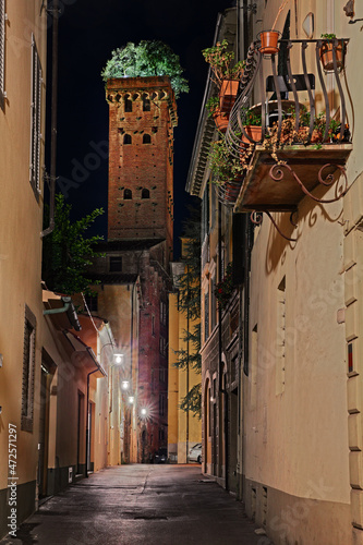Lucca, Tuscany, Italy: night view of the medieval Guinigi Tower, with the trees (holm oaks) on top, from a narrow alley in the old town of the ancient city