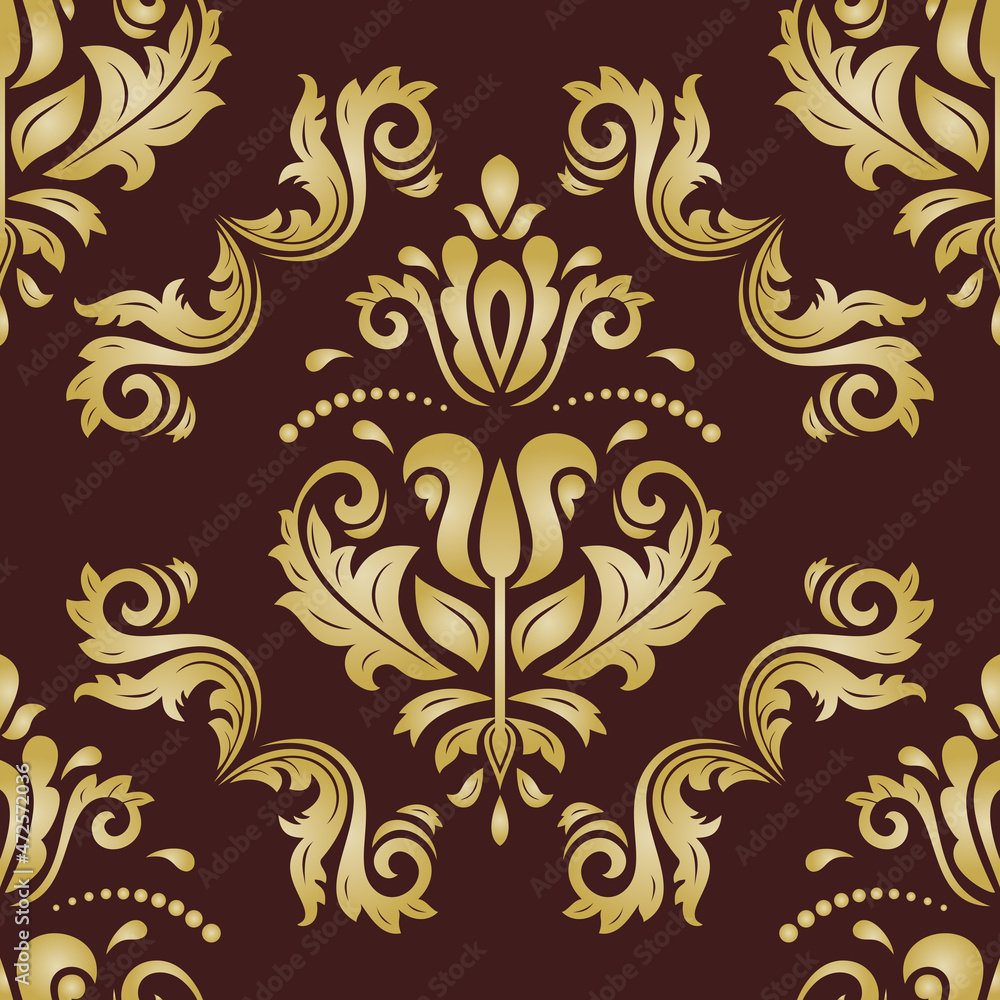 Classic seamless vector brown and golden pattern. Damask orient ornament. Classic vintage background. Orient ornament for fabric, wallpapers and packaging Classic seamless vector brown and golden pattern. Damask orient ornament. Classic vintage background. Orient ornament for fabric, wallpapers and packaging