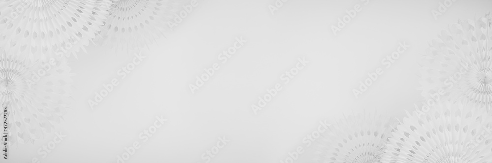 Delicate soft light white abstract banner background with round carved paper fans in asian style, side border for web, header, copy space. Delicate soft light white abstract banner background with round carved paper fans in asian style, side border for web, header, copy space.