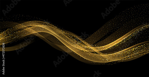 Abstract Gold Waves. Shiny golden moving lines design element with glitter effect on dark background for greeting card and disqount voucher.