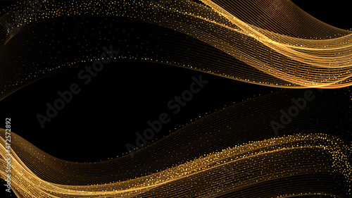 Abstract Gold Waves. Shiny golden moving lines design element with glitter effect on dark background for greeting card and disqount voucher.