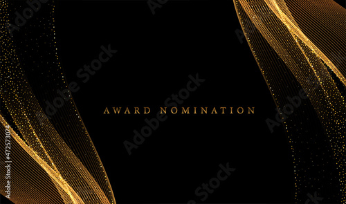 Abstract Gold Waves. Shiny golden moving lines design element with glitter effect on dark background for greeting card and disqount voucher.