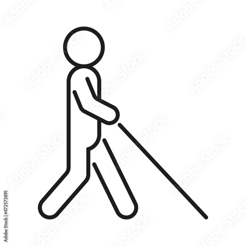 Blind handicap man with help stick, sign disability on vision. Health eyes problems. Disabled person. Vector line icon