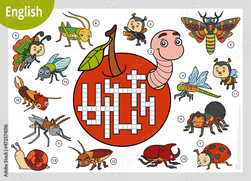 Vector colorful crossword in English, education game for kids. Cartoon set of insects and little animals