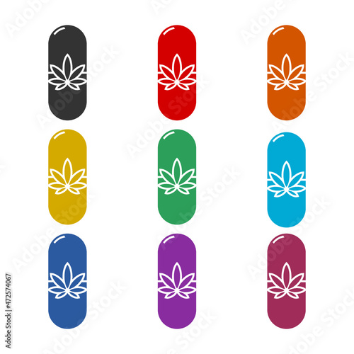 Medical pills with marijuana or cannabis leaf icon isolated on white background, color set