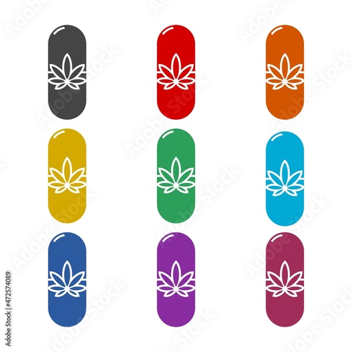 Medical pills with marijuana or cannabis leaf icon isolated on white background  color set