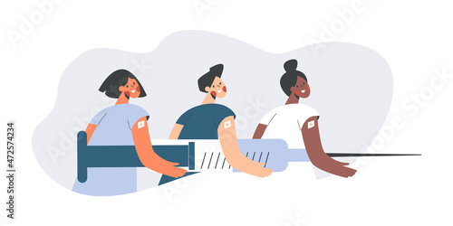 Kids vaccination or children holding large syringe flat vector isolated illustration banner. Diverse teens after vaccine shot. Young people immunization campaign. Child vaccine for health immunity