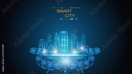 Vector illustration of artificial intelligence and smart city system, house. Science, futuristic, network, network concept, communication, high technology. EPS 10.