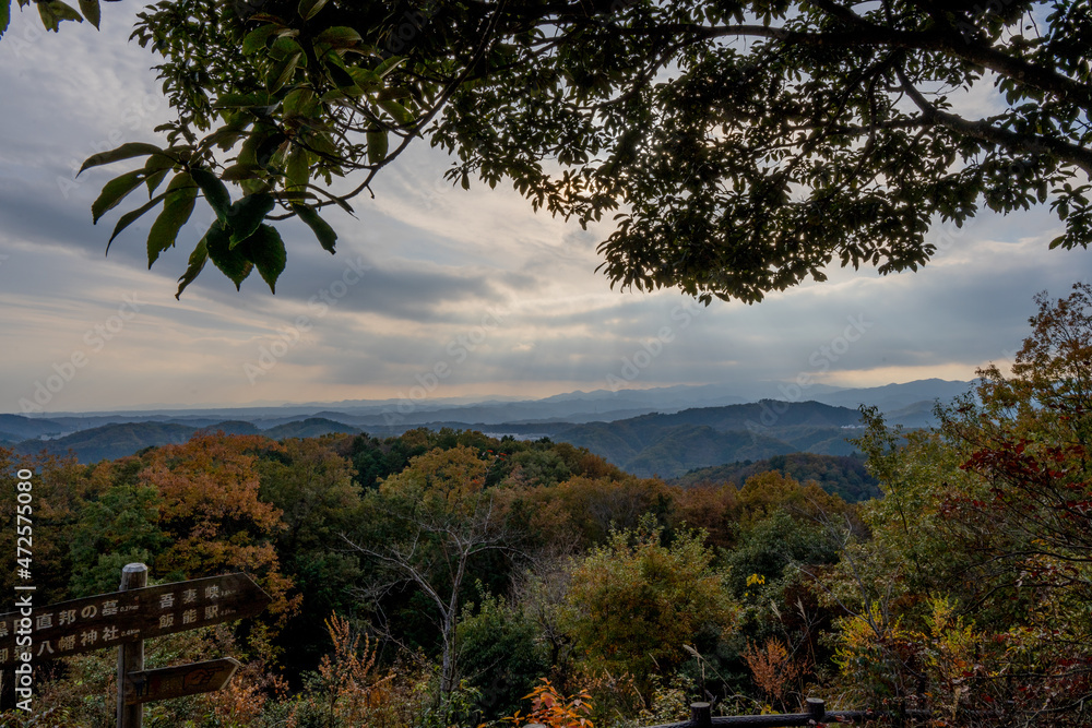 Autumn season mountain view. Scenic mountain landscape. Colourful travel background. Japan 