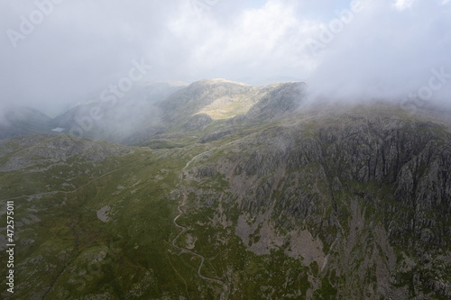 Aerial summer view in cloudy Scafell Pike, Lake District, United Kingdom