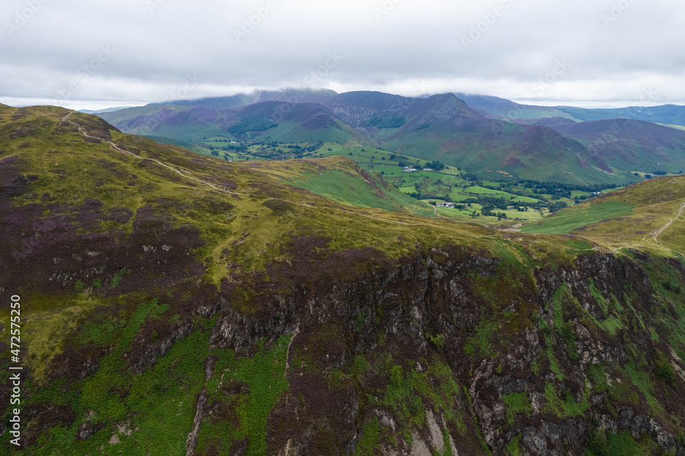 Aerial summer view in cloudy Catbells Walking Route, Lake District, United Kingdom
