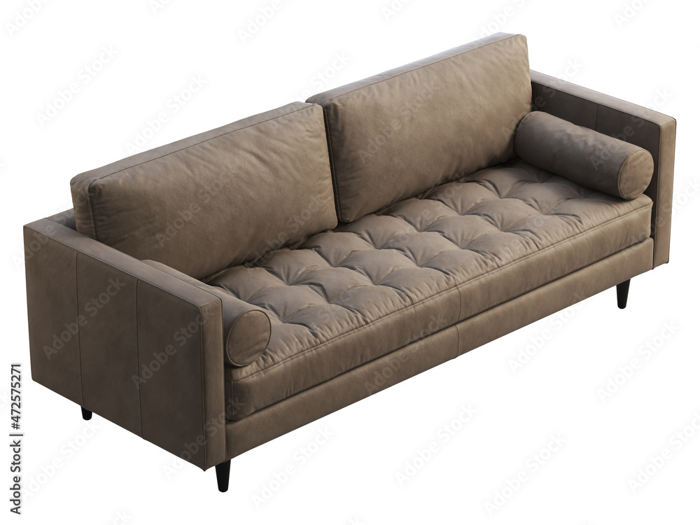 Obraz premium Mid-century tufted brown leather upholstery sofa with roller pillows. 3d render.