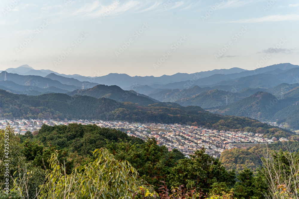 Autumn season mountain view. Scenic mountain landscape. Colourful travel background. Japan 
