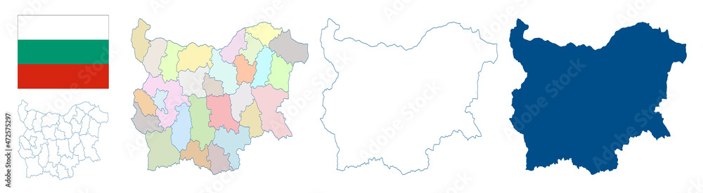 Bulgaria map. Detailed blue outline and silhouette. Administrative divisions and provinces. Country flag. Set of vector maps. All isolated on white background. Template for design and infographics.